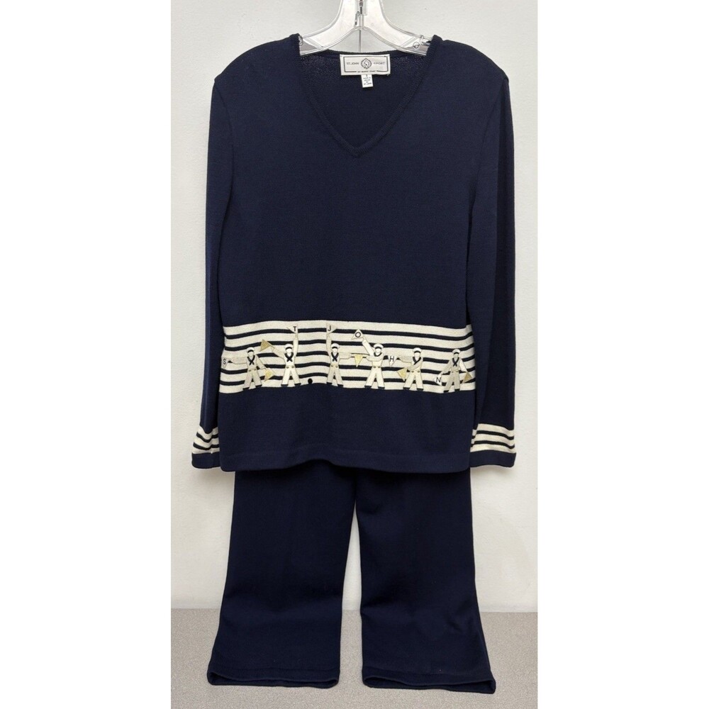 St. John Sport Pants Set, Navy Blue Nautical Embroidered Sailors, Women’s Small